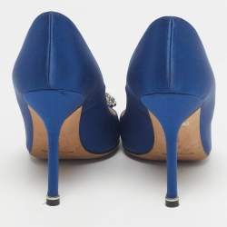 Pre Owned Manolo Blahnik Blue Satin Hangisi Crystal Embellished Pumps Size 36