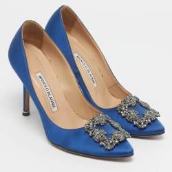 Pre Owned Manolo Blahnik Blue Satin Hangisi Crystal Embellished Pumps Size 36