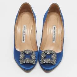 Pre Owned Manolo Blahnik Blue Satin Hangisi Crystal Embellished Pumps Size 36