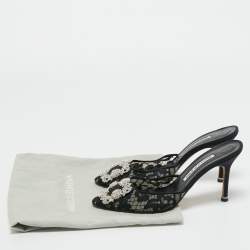Pre Owned Manolo Blahnik Black Lace and Mesh Hangisi Mules Size 36.5