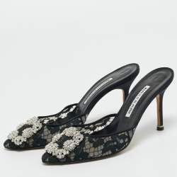 Pre Owned Manolo Blahnik Black Lace and Mesh Hangisi Mules Size 36.5