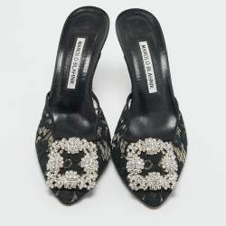 Pre Owned Manolo Blahnik Black Lace and Mesh Hangisi Mules Size 36.5