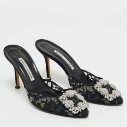Pre Owned Manolo Blahnik Black Lace and Mesh Hangisi Mules Size 36.5