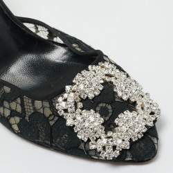 Pre Owned Manolo Blahnik Black Lace and Mesh Hangisi Mules Size 36.5