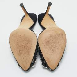 Pre Owned Manolo Blahnik Black Lace and Mesh Hangisi Mules Size 36.5