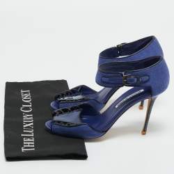 Pre Owned Manolo Blahnik Navy Blue Fabric and Patent Leather Ankle Strap Sandals Size 37.5