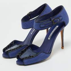 Pre Owned Manolo Blahnik Navy Blue Fabric and Patent Leather Ankle Strap Sandals Size 37.5