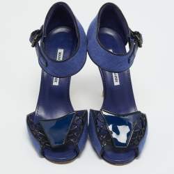 Pre Owned Manolo Blahnik Navy Blue Fabric and Patent Leather Ankle Strap Sandals Size 37.5