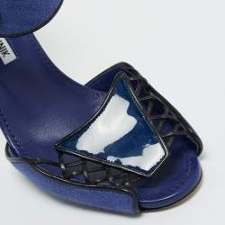 Pre Owned Manolo Blahnik Navy Blue Fabric and Patent Leather Ankle Strap Sandals Size 37.5
