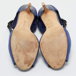 Pre Owned Manolo Blahnik Navy Blue Fabric and Patent Leather Ankle Strap Sandals Size 37.5