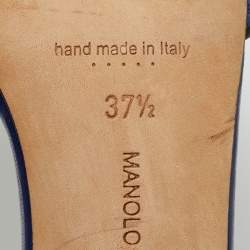 Pre Owned Manolo Blahnik Navy Blue Fabric and Patent Leather Ankle Strap Sandals Size 37.5