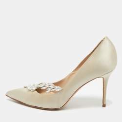 Pre Owned Manolo Blahnik Grey Satin Jewel Nadira Pointed Toe Pumps Size 38.5