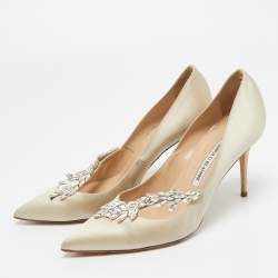 Pre Owned Manolo Blahnik Grey Satin Jewel Nadira Pointed Toe Pumps Size 38.5