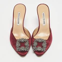Pre Owned Manolo Blahnik Burgundy Satin Hangisi Mules Size 38.5