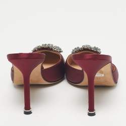Pre Owned Manolo Blahnik Burgundy Satin Hangisi Mules Size 38.5