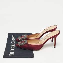Pre Owned Manolo Blahnik Burgundy Satin Hangisi Mules Size 38.5