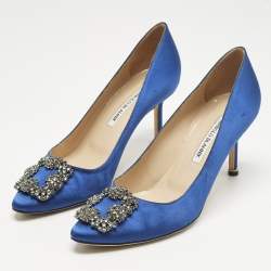 Pre Owned Manolo Blahnik Blue Satin Hangisi Crystal Embellished Pumps Size 39