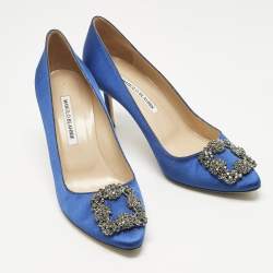 Pre Owned Manolo Blahnik Blue Satin Hangisi Crystal Embellished Pumps Size 39