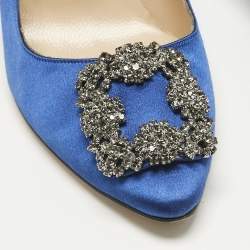 Pre Owned Manolo Blahnik Blue Satin Hangisi Crystal Embellished Pumps Size 39