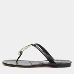 Pre Owned Manolo Blahnik Black Leather Flat Thong Sandals Size 40