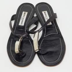 Pre Owned Manolo Blahnik Black Leather Flat Thong Sandals Size 40
