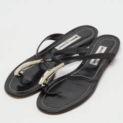 Pre Owned Manolo Blahnik Black Leather Flat Thong Sandals Size 40