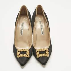 Pre Owned Manolo Blahnik Black Satin Hangisi Crystal Embellished Pumps Size 38