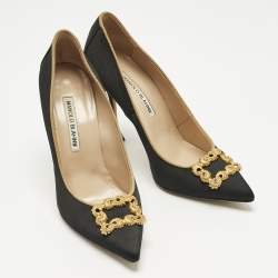 Pre Owned Manolo Blahnik Black Satin Hangisi Crystal Embellished Pumps Size 38
