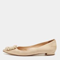 Pre Owned Manolo Blahnik Beige Satin Hangisi Ballet Flats Size 36