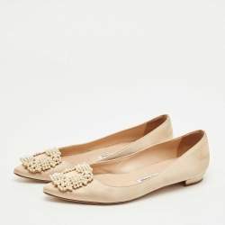 Pre Owned Manolo Blahnik Beige Satin Hangisi Ballet Flats Size 36