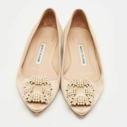 Pre Owned Manolo Blahnik Beige Satin Hangisi Ballet Flats Size 36
