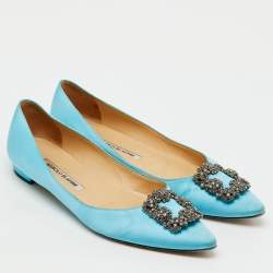 Pre Owned Manolo Blahnik Blue Satin Hangisi Ballet Flats Size 39