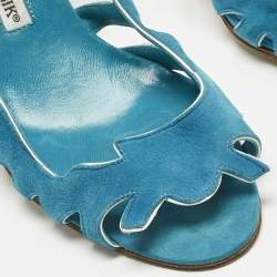 مملوكة مسبقًا صندل مانولو بلانيك باري سبيكتاتور جلد أزرق ومقدمة سويدي أسود بفتحة كعب مقاس 39.5