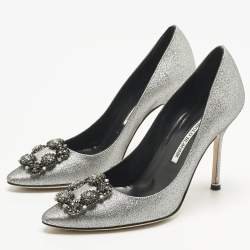 Pre Owned Manolo Blahnik Silver Lurex Fabric Hangisi Pumps Size 37.5