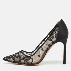 Pre Owned Manolo Blahnik Black Lace and Satin BB Pointed Toe Pumps Size 36.5