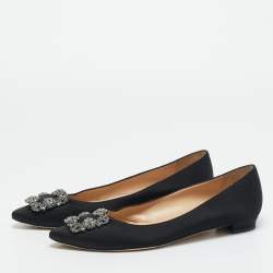 Pre Owned Manolo Blahnik Black Satin Hangisi Ballet Flats Size 40.5