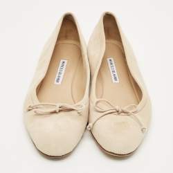 Pre Owned Manolo Blahnik Beige Suede Veralli Bow Detailed Ballet Flats Size 38