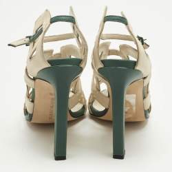 Pre Owned Manolo Blahnik White/Green Leather Strappy Ankle Strap Sandals Size 36.5