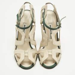 Pre Owned Manolo Blahnik White/Green Leather Strappy Ankle Strap Sandals Size 36.5