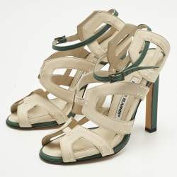 Pre Owned Manolo Blahnik White/Green Leather Strappy Ankle Strap Sandals Size 36.5
