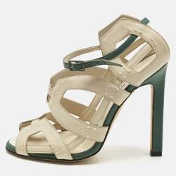 Pre Owned Manolo Blahnik White/Green Leather Strappy Ankle Strap Sandals Size 36.5