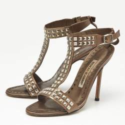 Pre Owned Manolo Blahnik  Brown Leather T Strap Sandals Size 35.5