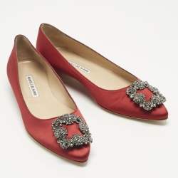 Pre Owned Manolo Blahnik Dark Red Satin Hangisi Ballet Flats Size 38