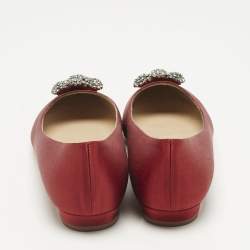 Pre Owned Manolo Blahnik Dark Red Satin Hangisi Ballet Flats Size 38
