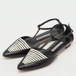 Pre Owned Manolo Blahnik Black/White Leather Carolyne Flat Strappy Sandals Size 36
