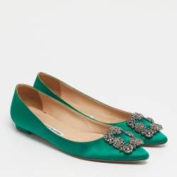 Pre Owned Manolo Blahnik Green Satin Hangisi Ballet Flats Size 37.5