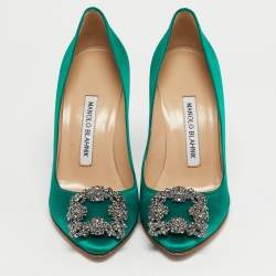 Pre Owned Manolo Blahnik Green Satin Hangisi Pumps Size 36