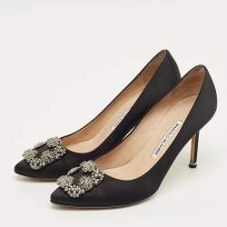 Pre Owned Manolo Blahnik Black Satin Hangisi Crystal Embellished Pumps Size 38.5