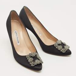 Pre Owned Manolo Blahnik Black Satin Hangisi Crystal Embellished Pumps Size 38.5