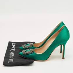 Pre Owned Manolo Blahnik Green Satin Hangisi Pumps Size 38.5